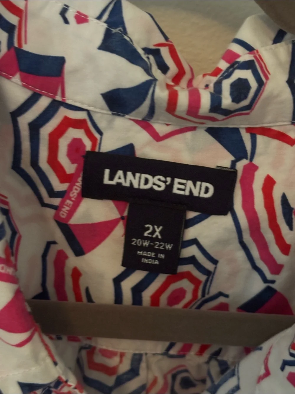 Lands' End Women's Button-Up Shirt in White with Red and Navy Geometric Print
